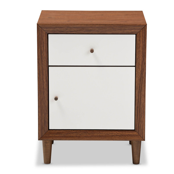 Baxton Studio Harlow Mid-century White and Walnut 1-drawer and 1-door Nightstand 121-6783